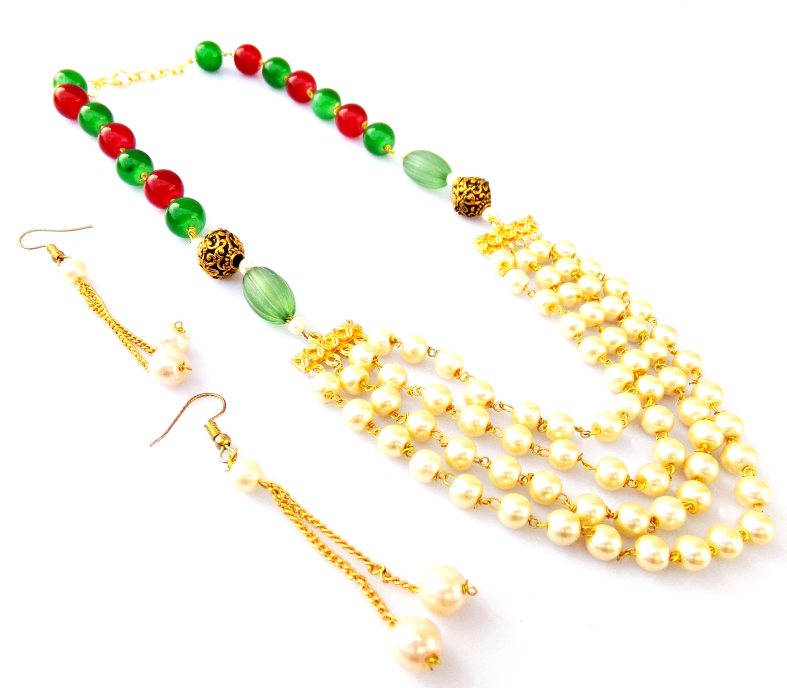 Indian Bollywood Gold Plated Pearls Mala Necklace Earrings Ethnic Jewelry Set