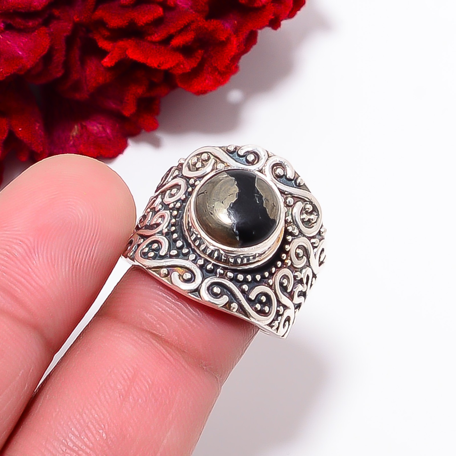 Healer’S Gold Pyrite In Magnetite Handmade 925 Sterling Silver Ring S.7.5 R98317