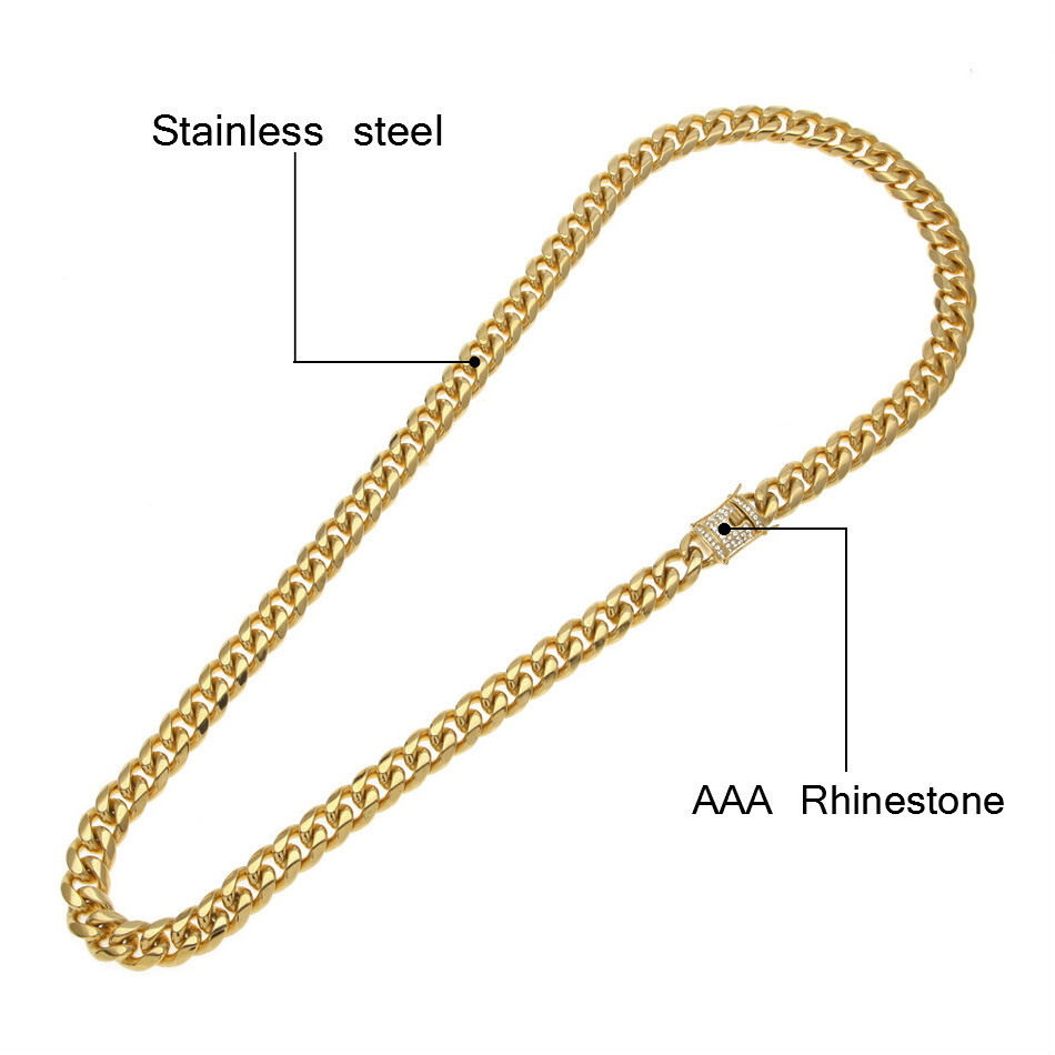 Hip Hop Iced Box Lock Stainless Steel 10mm 12mm Miami Cuban Link Chain Necklace