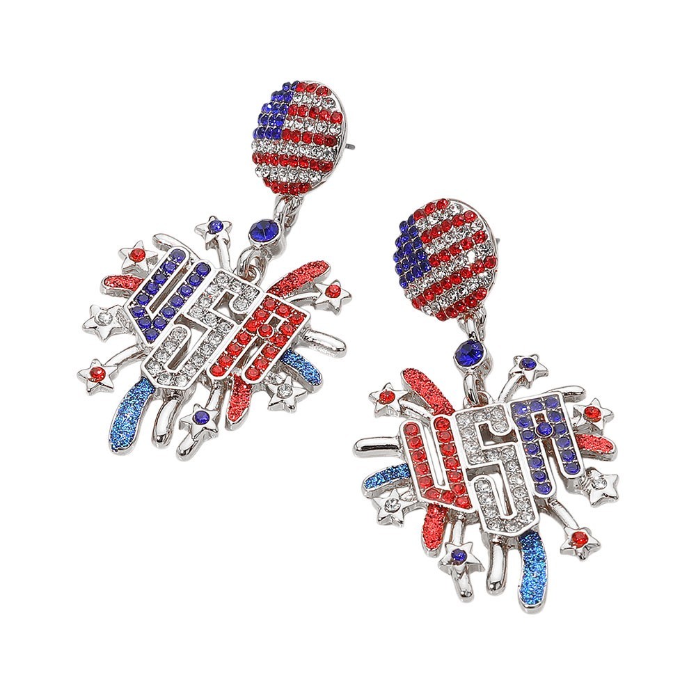 NEW RHINESTONE DROP STYLE PATRIOTIC USA POST BACK EARRINGS RED WHITE BLUE SILVER