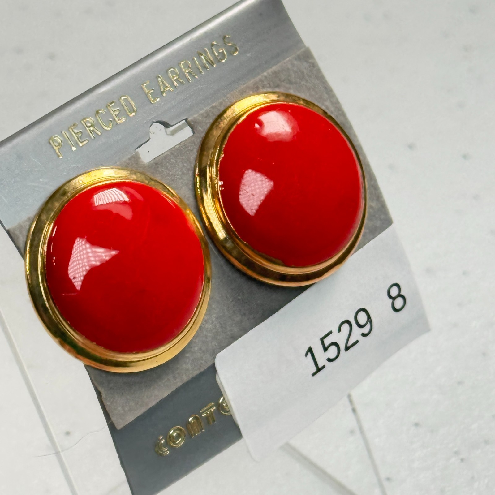 Vintage Pierced Earrings Red Enamel Dome Gold Tone 80s Statement Studs