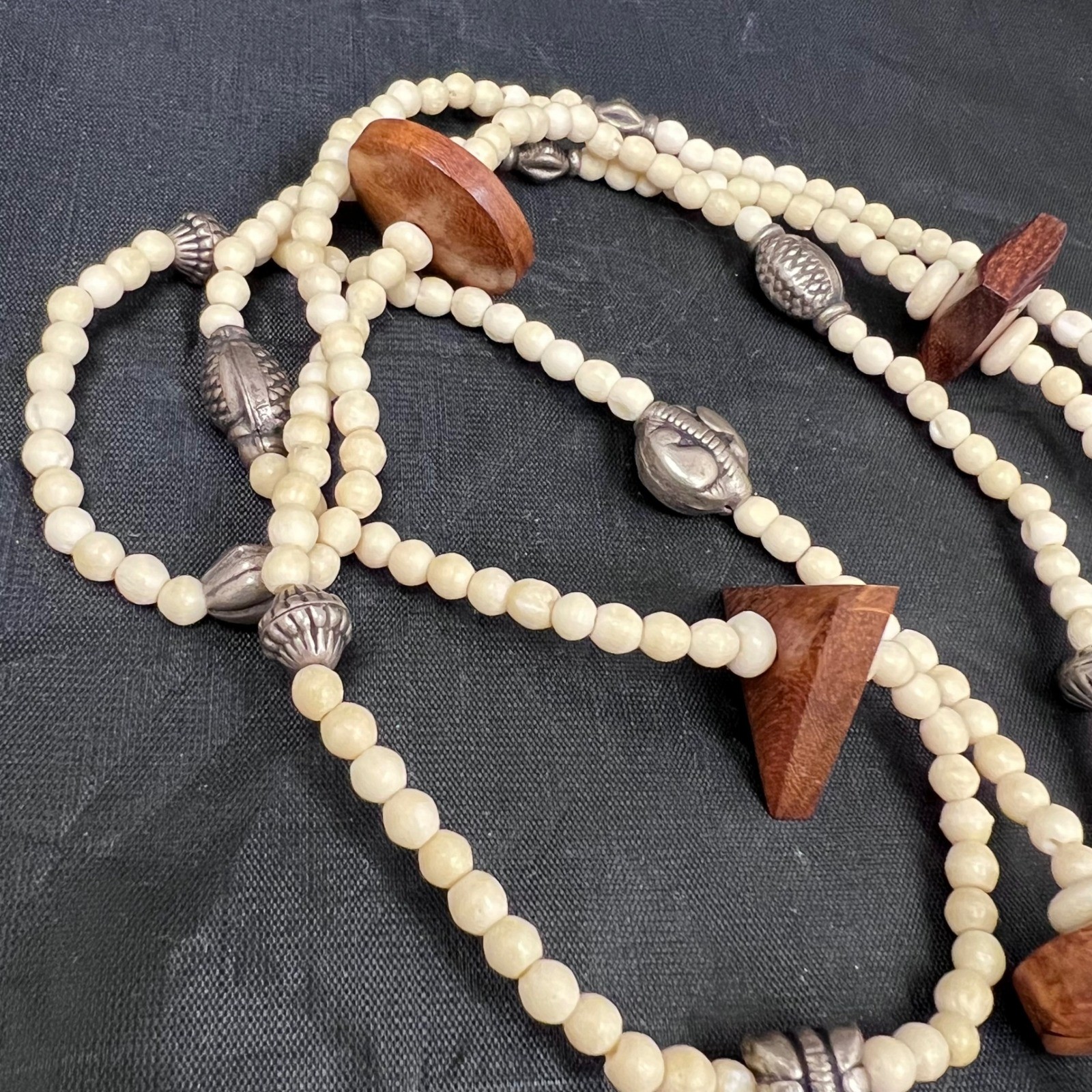 Boho Beaded Wood Silver Tone Statement Necklace 56″ Bone Bohemian Natural Ethnic