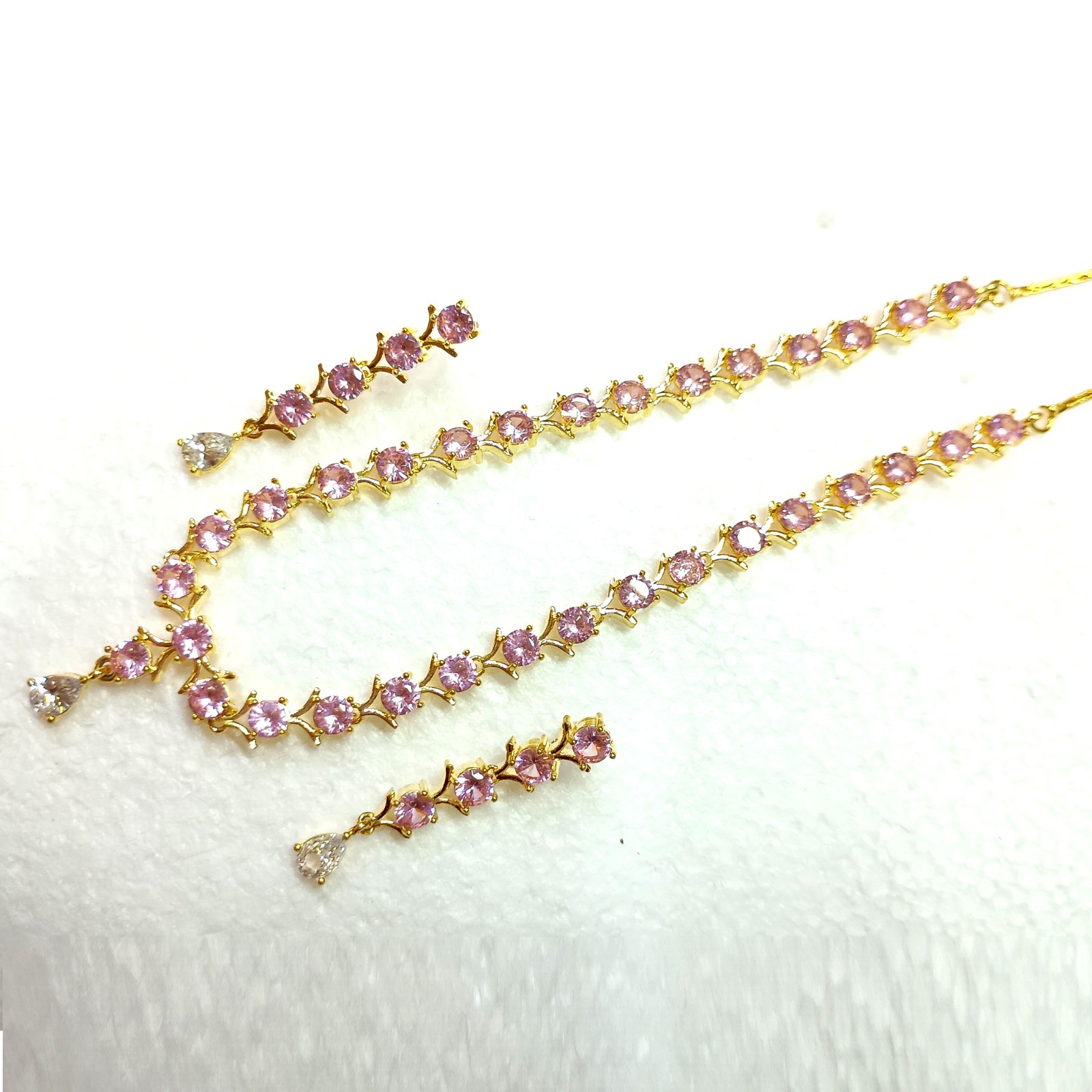 22K Gold Plated Pink Morganite Choker Set Handmade Round Crystal Party Necklace