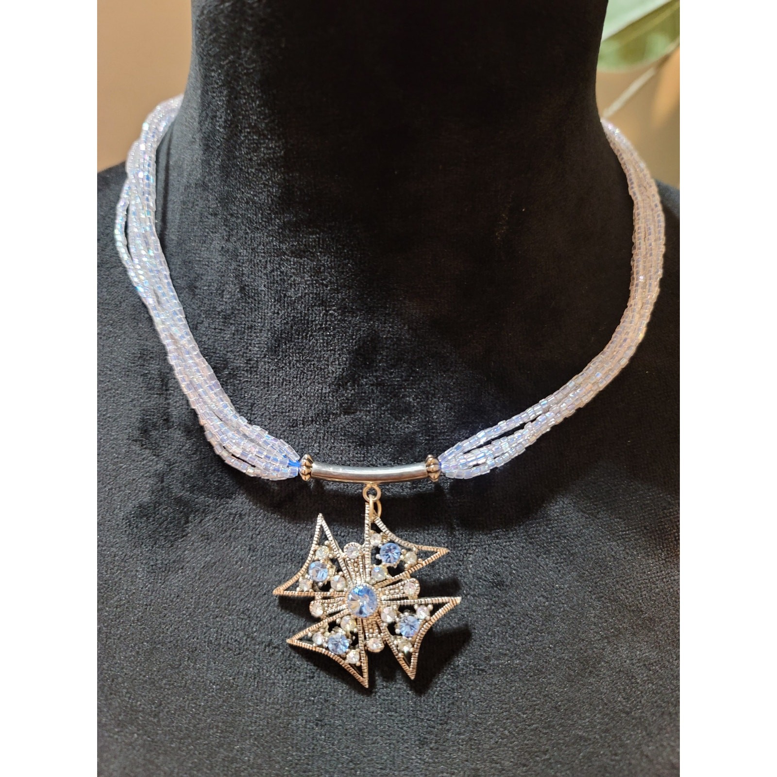 Women’s Multi Strand Beaded Choker Necklace With Blue Pendant Lobster Clasp
