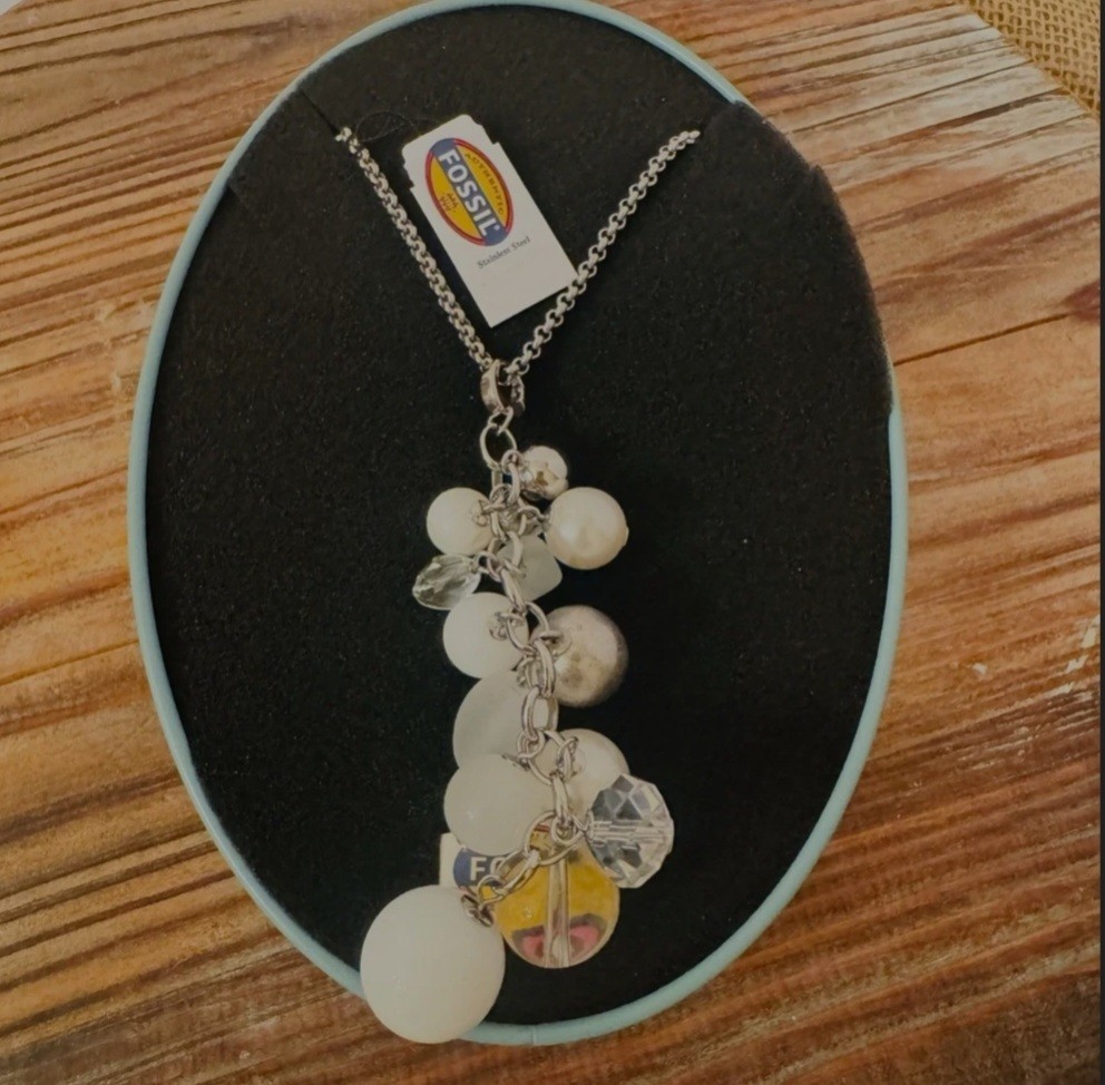 New In Finch Seed Tin Box, FOSSIL Stainless Steel and Glass Bead NECKLACE