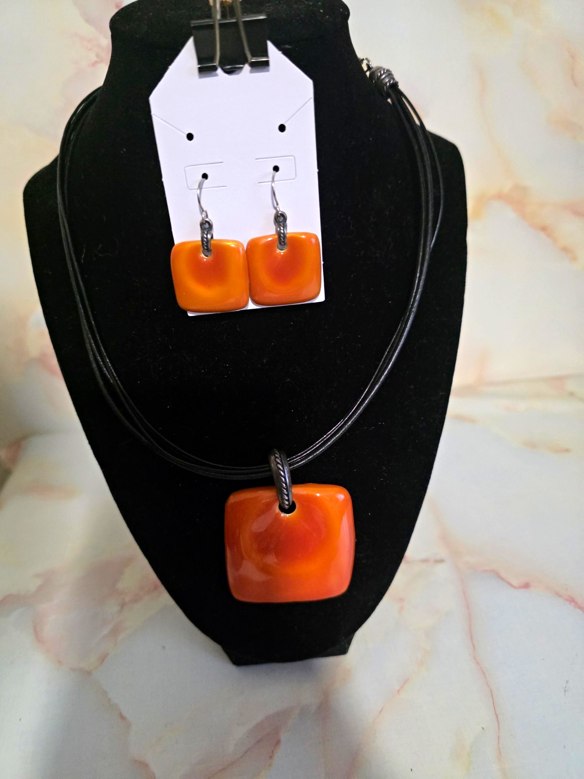 Chico’s Orange Square Charm Pendant Cord Necklace Adjustable Lobster Signed