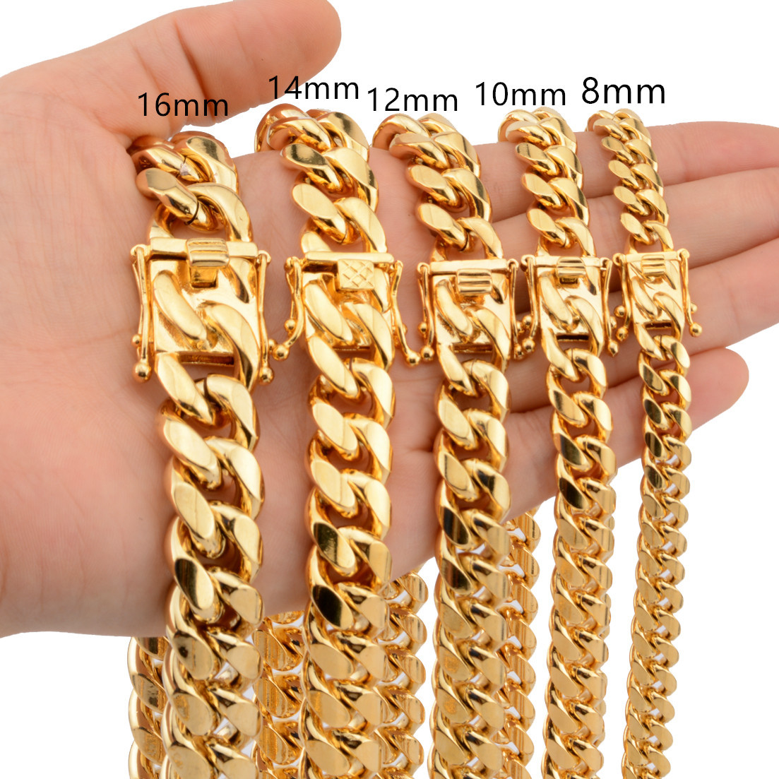 Mens Miami Cuban Link Bracelet or Chain Necklace 18k Gold Plated Stainless Steel