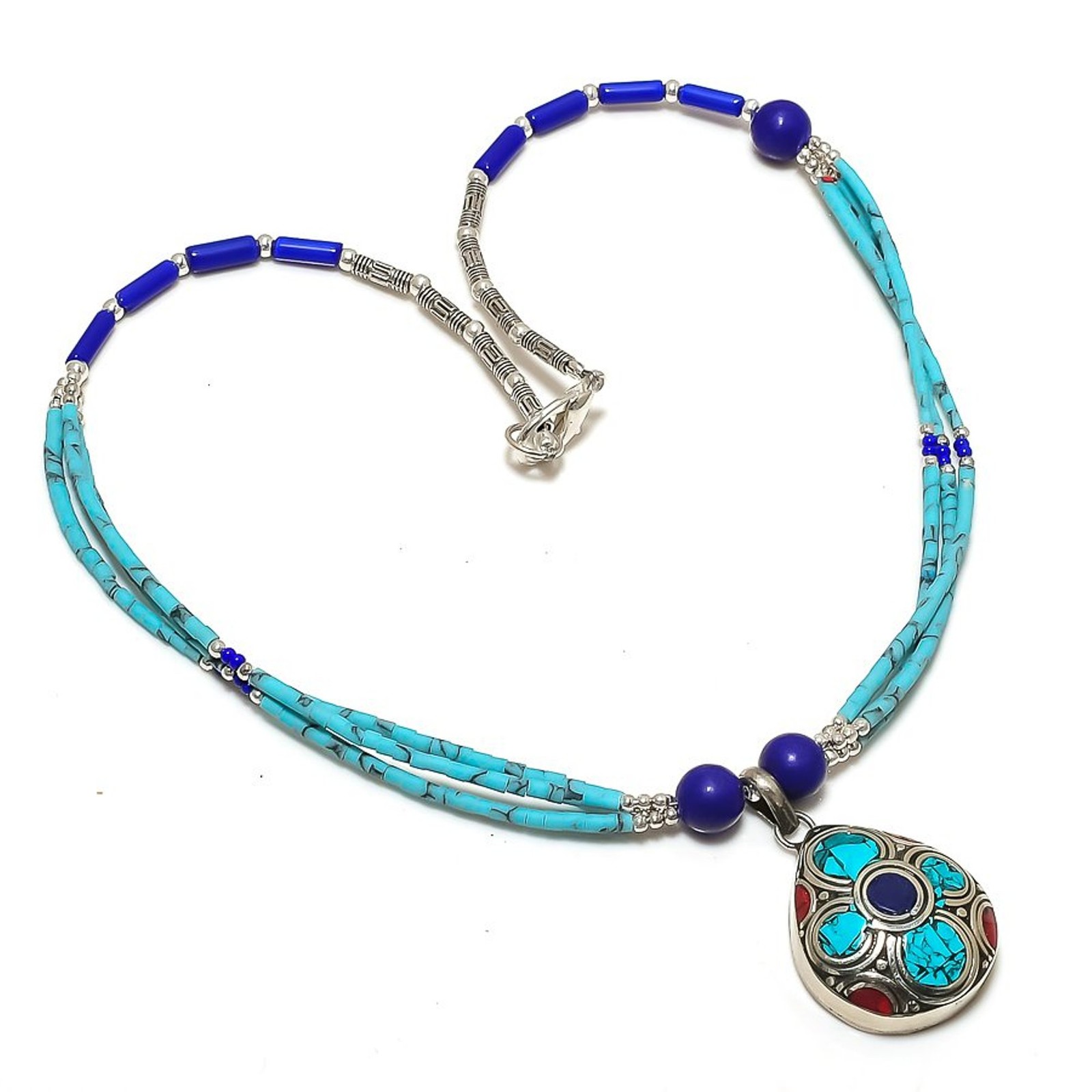 Lapis lazuli Turquoise Coral Necklace Bohemian Nepali Beaded Jewelry 18″ NA 770