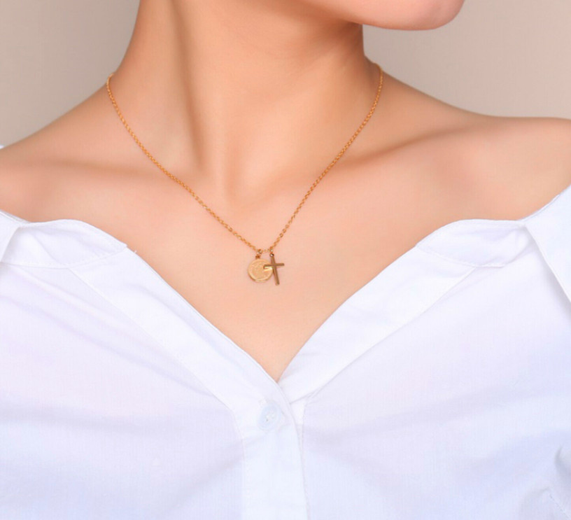 18KGP Gold Rose Gold Tone Stainless Steel Cross Elizabeth Coin Pendant Necklaces