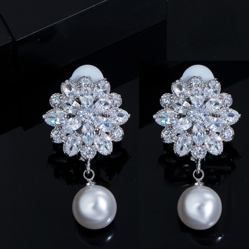 Cwwzircons Cz Crystal Pearl Flower Non Pierced Clip On Drop Earrings for Women