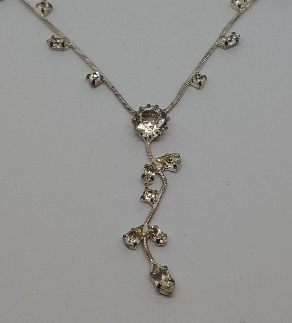 Carolee Silver Tone Rhinestone Y Drop 18″ Snake Chain Necklace 2″ Drop
