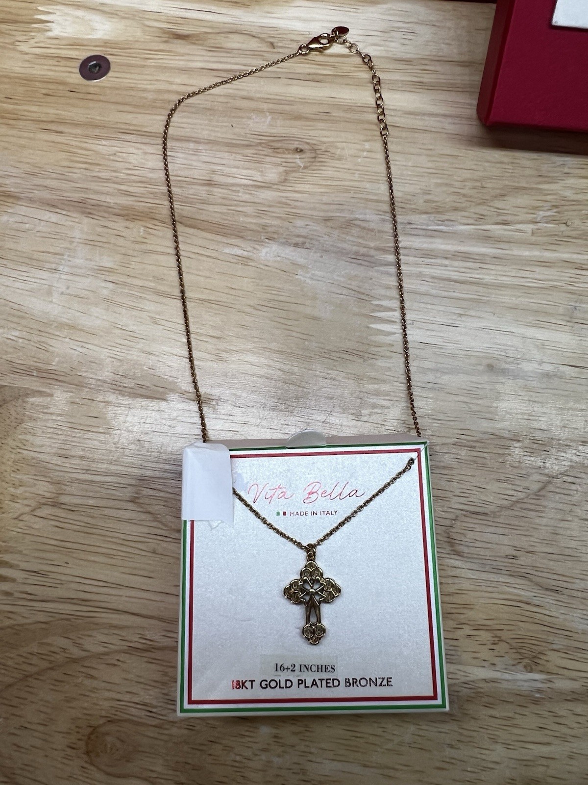 Vita Bella 18KT Gold Plated Bronze Cross Pendant Cable Necklace 16-18in