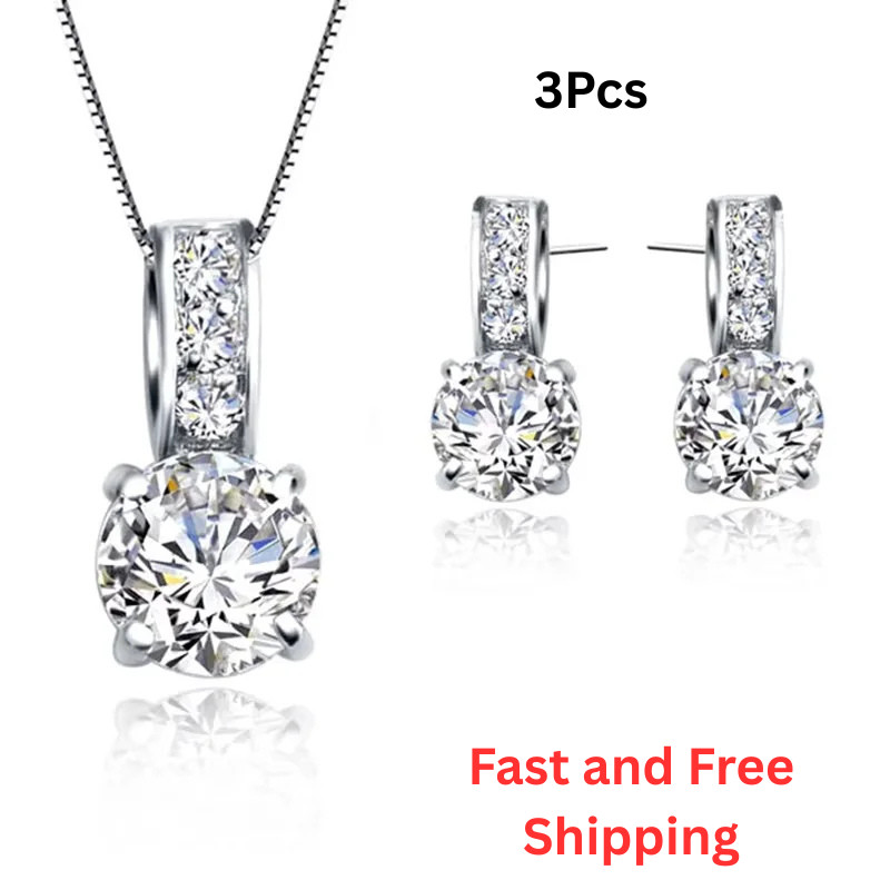 3Pcs-925 Sterling Silver Bridal Jewelry Set CZ Crystal Necklace Earrings Gift