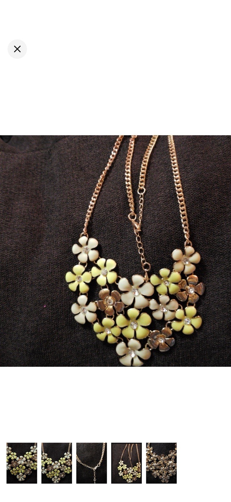 Gold Tone Floral Bib Statement Necklace White Green Enamel Crystal Adjustable