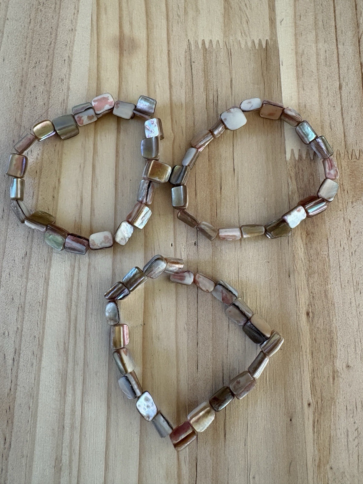 Vintage Abalone / Mother Of Pearl Shell Stretch Bracelet Brown Beige Lot Of 3