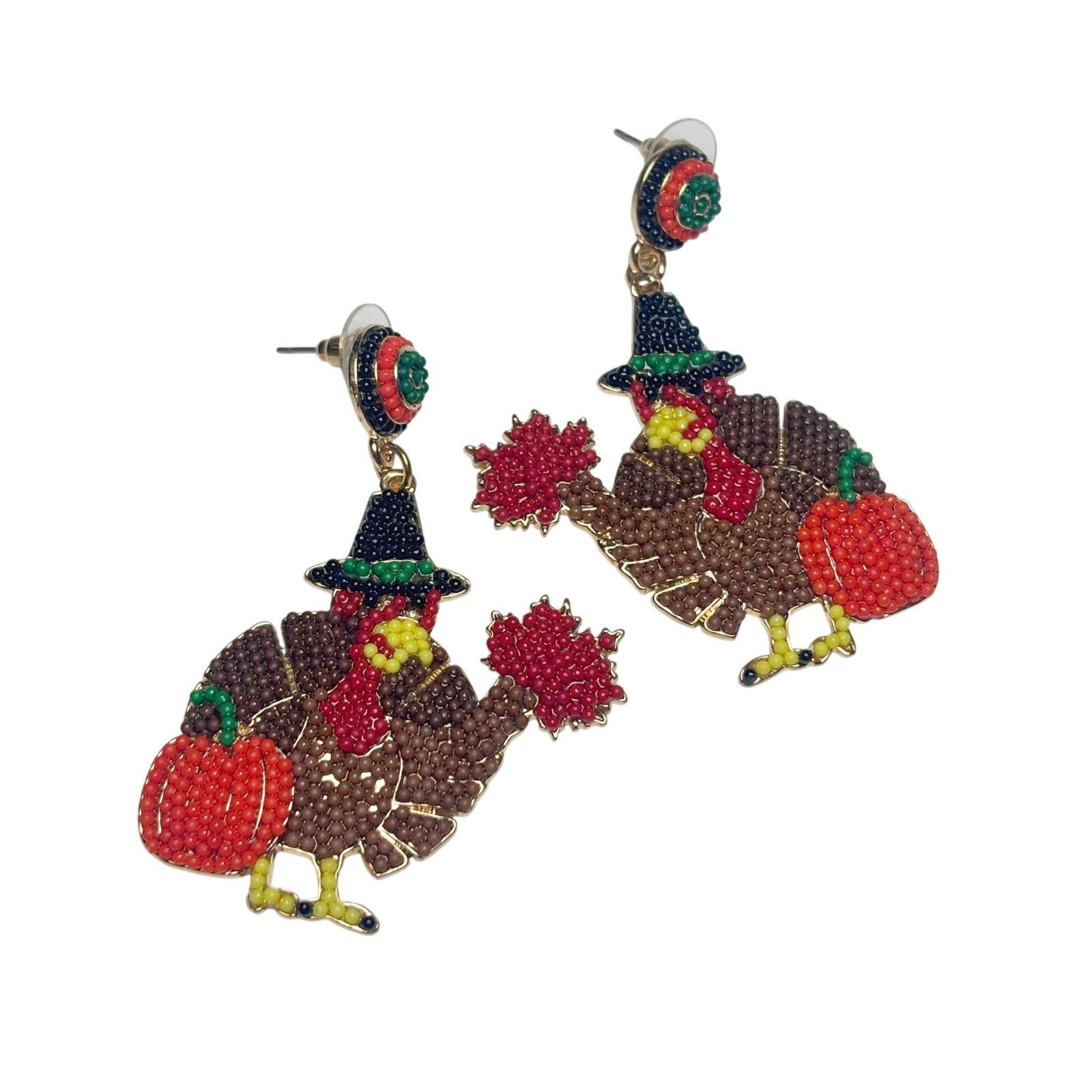 Beaded Thanksgiving Turkey Pilgrim Hat Pumpkin Maple Leaf Dangle Earrings Gold