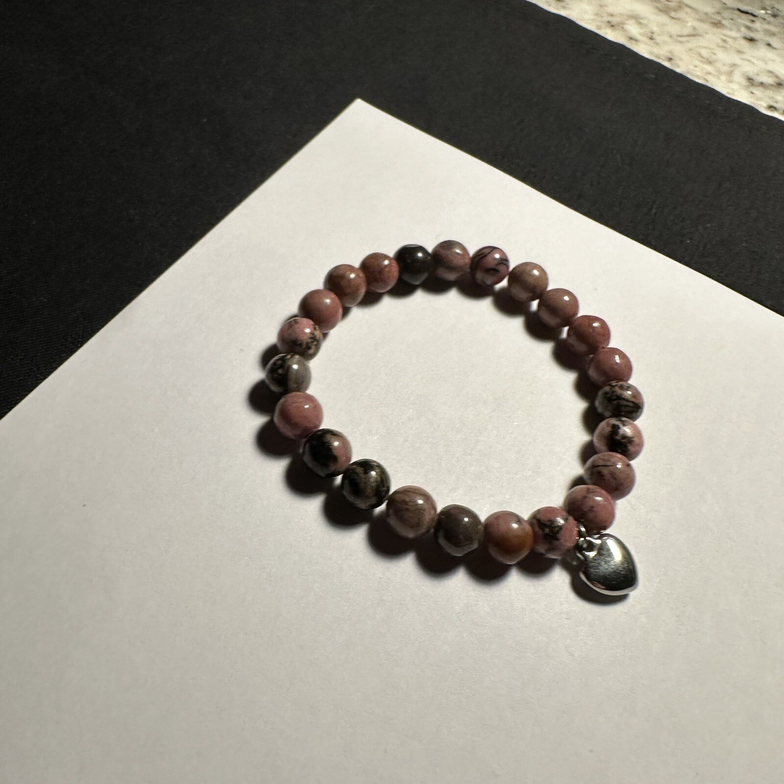 Beaded Semi Precious Gem Stone Stretchy Bracelet 6 3/8 Inch Heart Charm