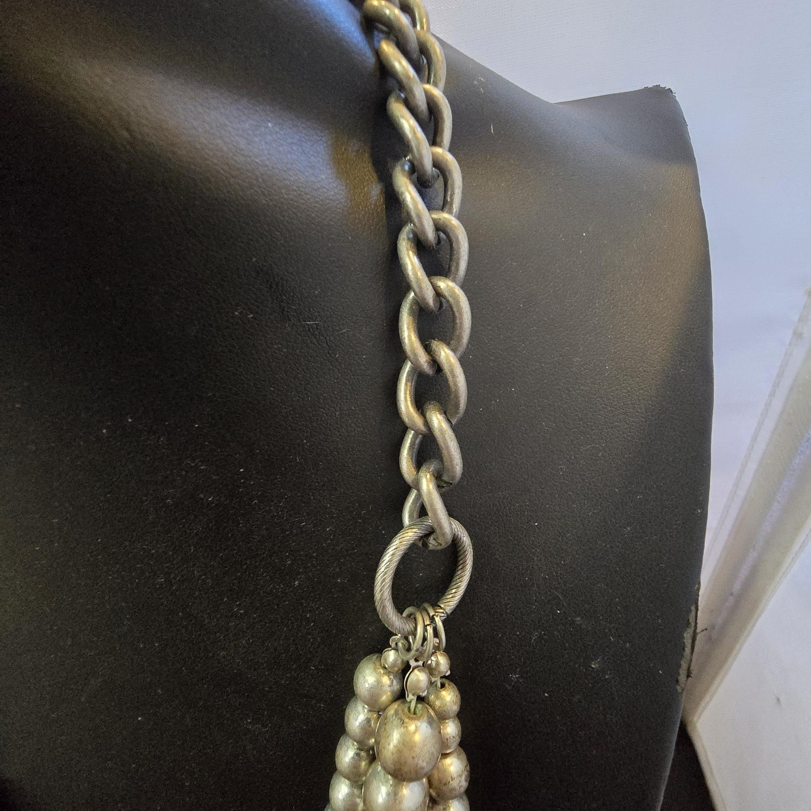 Necklace Silver Layered Beaded Statement Chain Toggle Closure Chunky Womens