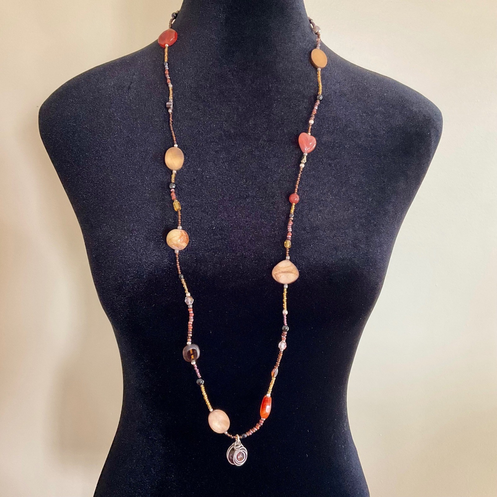 Boho Earth Tone Beaded Long Necklace Wire Wrapped Pendant Mix Stone Glass Shell