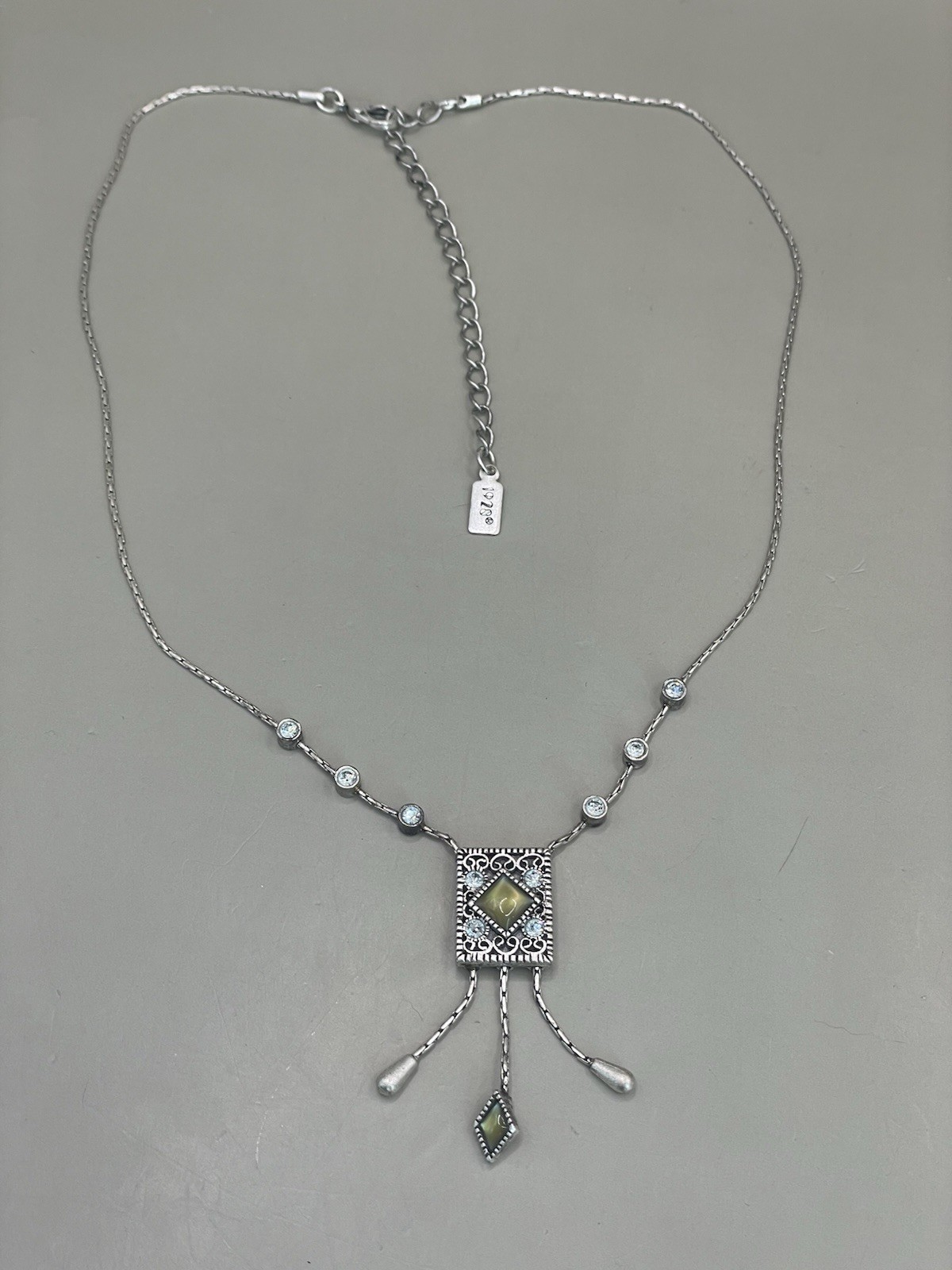 Vintage Signed 1928 SilverTone Rhinestones Pendant Drop Chain 16-19” Necklace