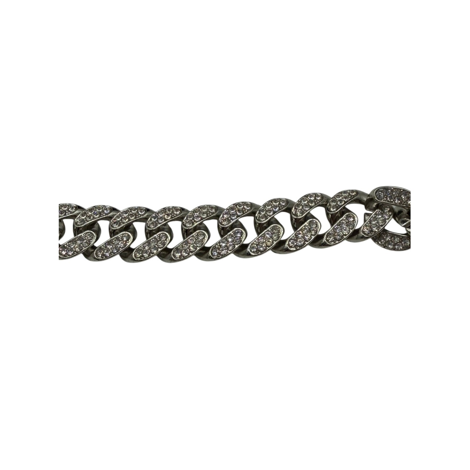 Silver Tone Iced Out Cuban Link Chain Necklace Pave Crystal Box Clasp 27 Inch