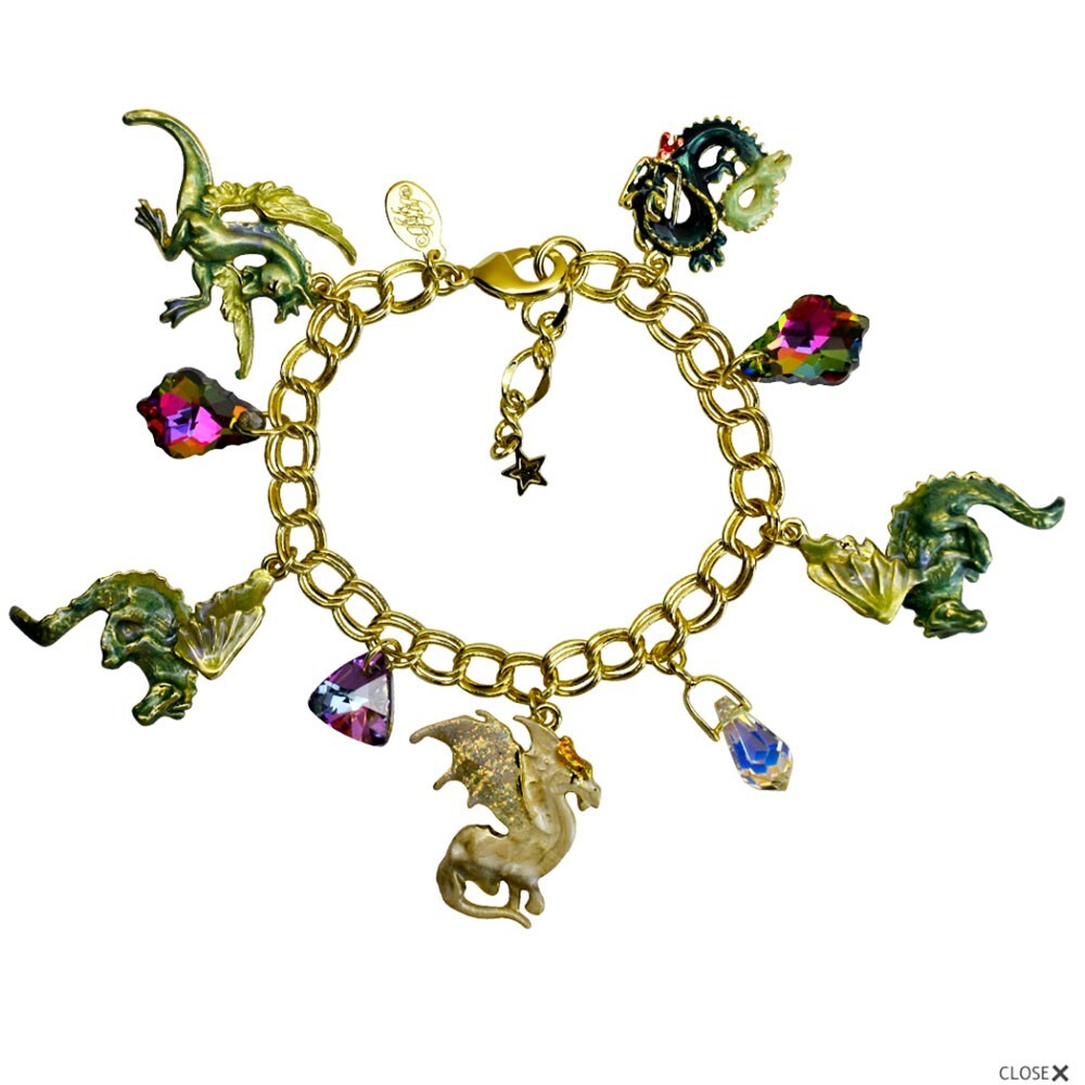 Kirks Folly Crystal Dragon Glass Charm Bracelet goldtone