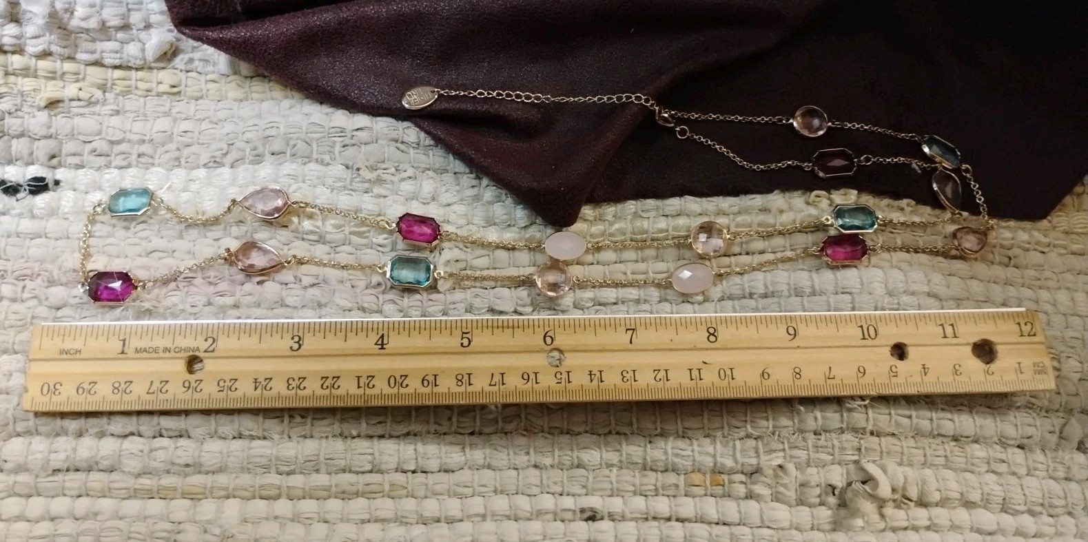 TIME and TRU 34″+ Long Bezel Set Acrylic, Glass, Stone Gems Gold Tone Necklace!