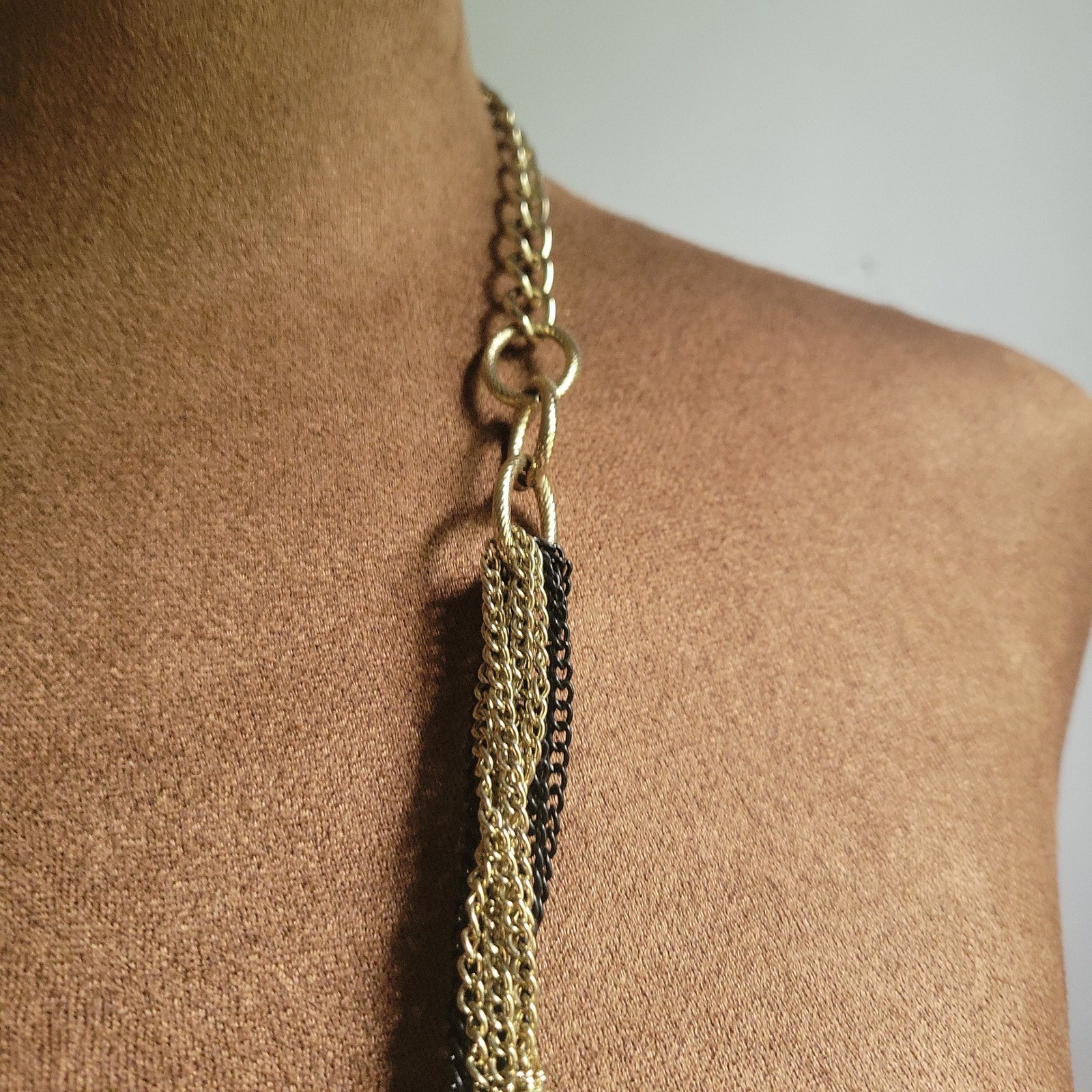 Gold Black Multi Strand Knotted Chain Statement Necklace 22 Inch Eclectic