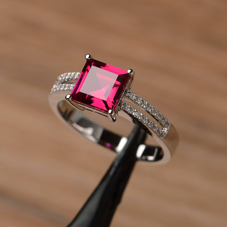 Unique Solitary Ring 2.37 Ct Princess Cut Simulated Ruby 14K White Gold Plated