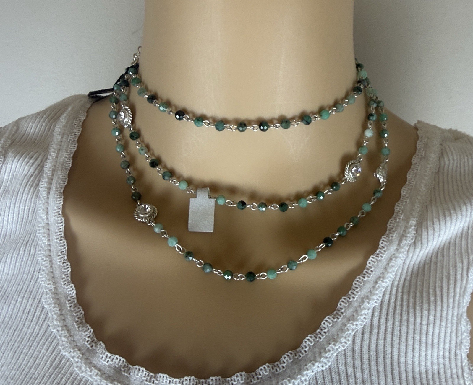 Virgins Saints & Angels 4mm Precious Emerald Wrap Silver Necklace NWT