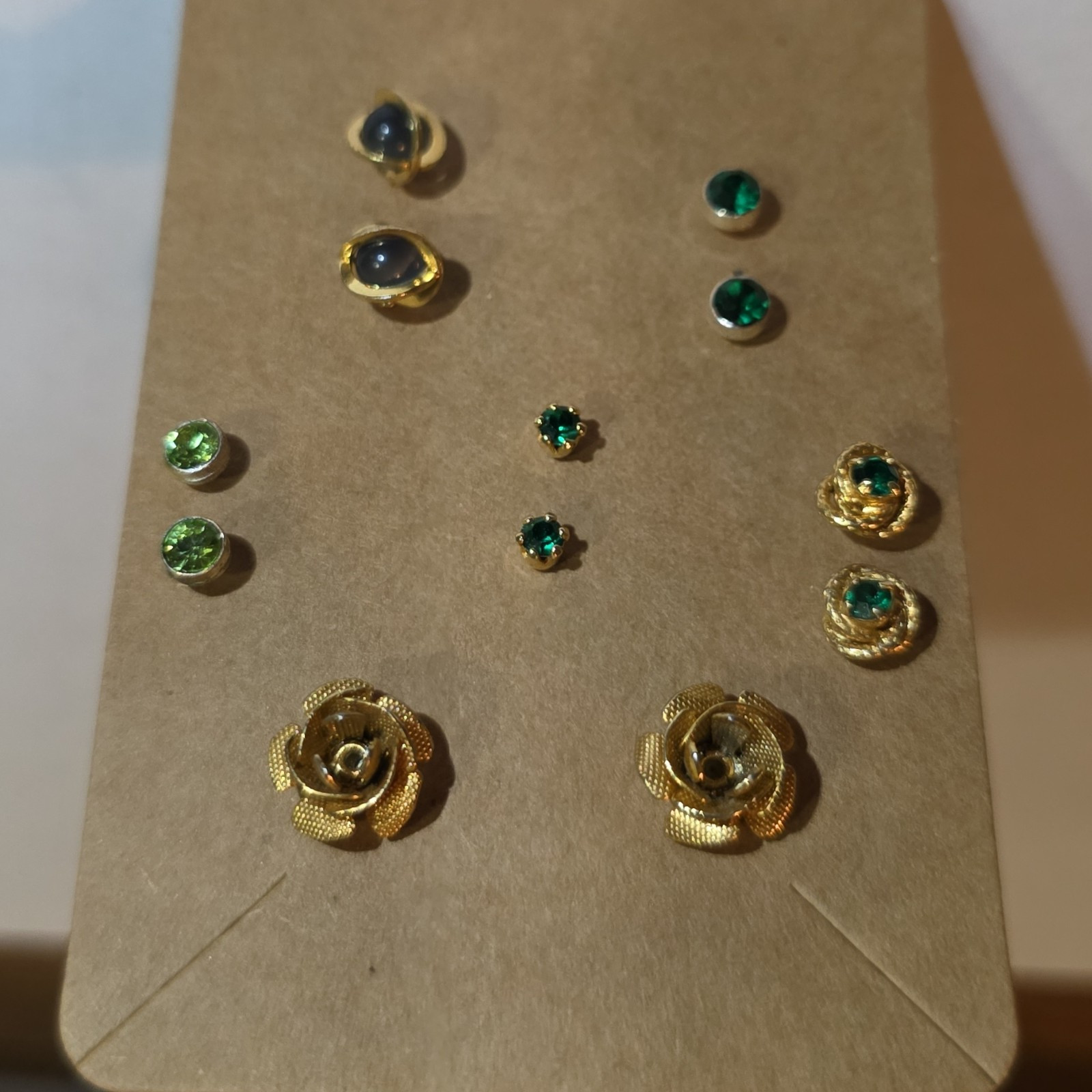 Gold Tone Rose Stud Earring Set & Matching Green/Blue Stone Earrings