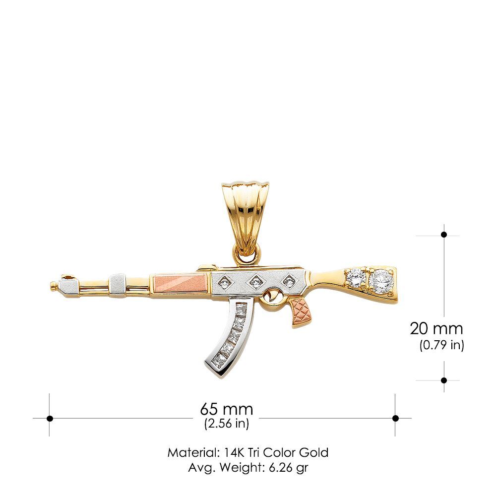 14K Tri Tone Gold CZ Rifle Gun Charm Pendant & 4.9mm Hollow Cuban Chain Necklace