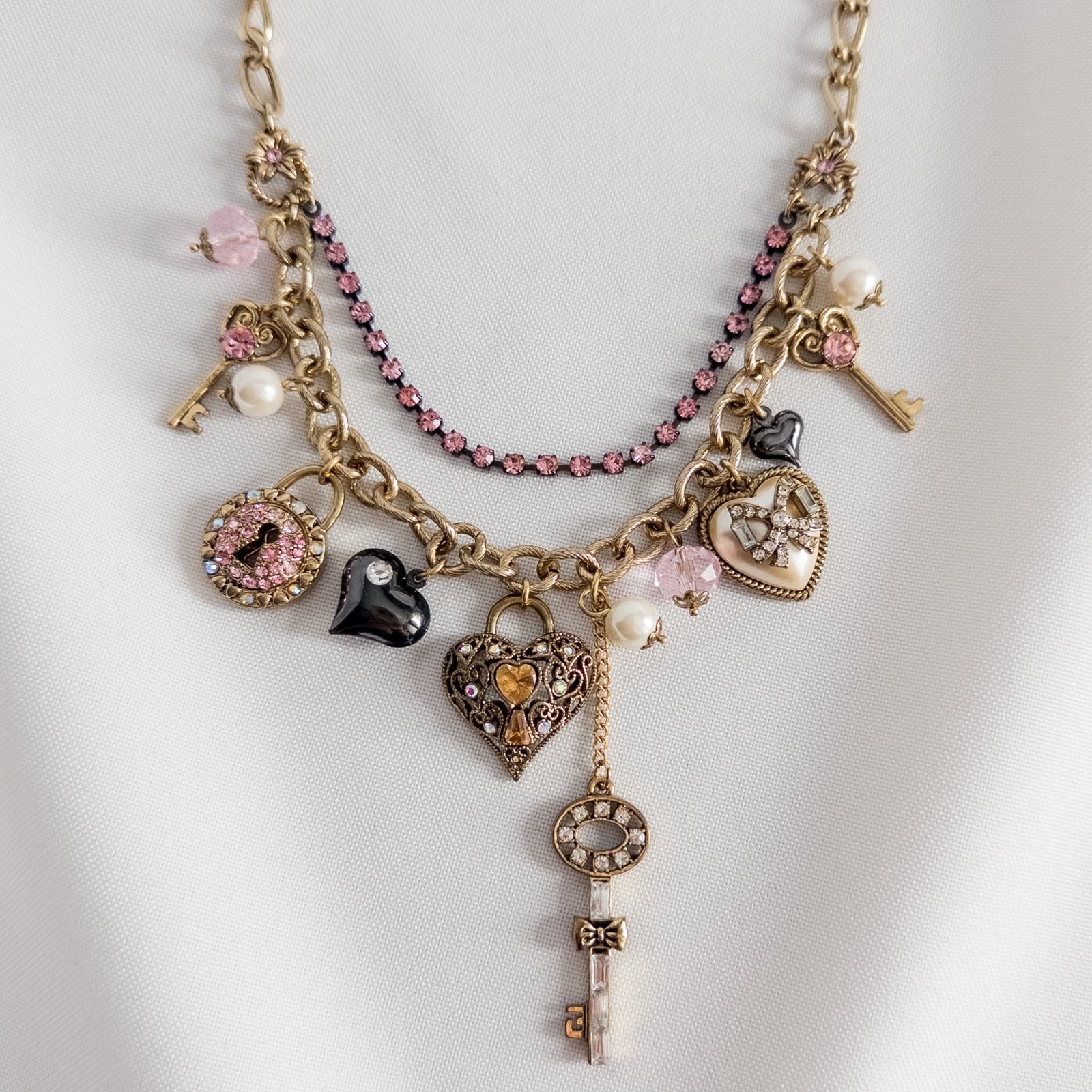Betsey Johnson Love Birds Key Heart Pink Lock Flower Pearl Bead Necklace Rare