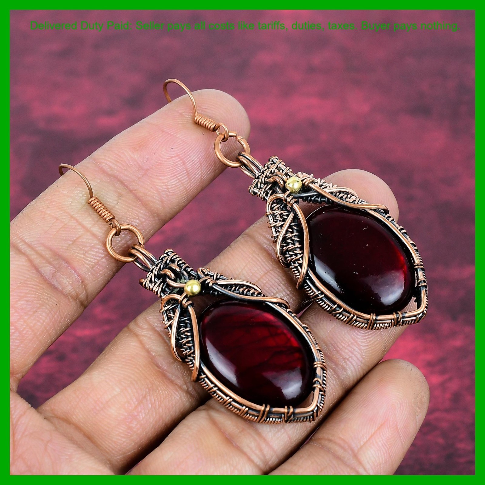 Red Fire Labradorite Gemstone Copper Dangle Drop Wire Wrapped Earrings Jewelry