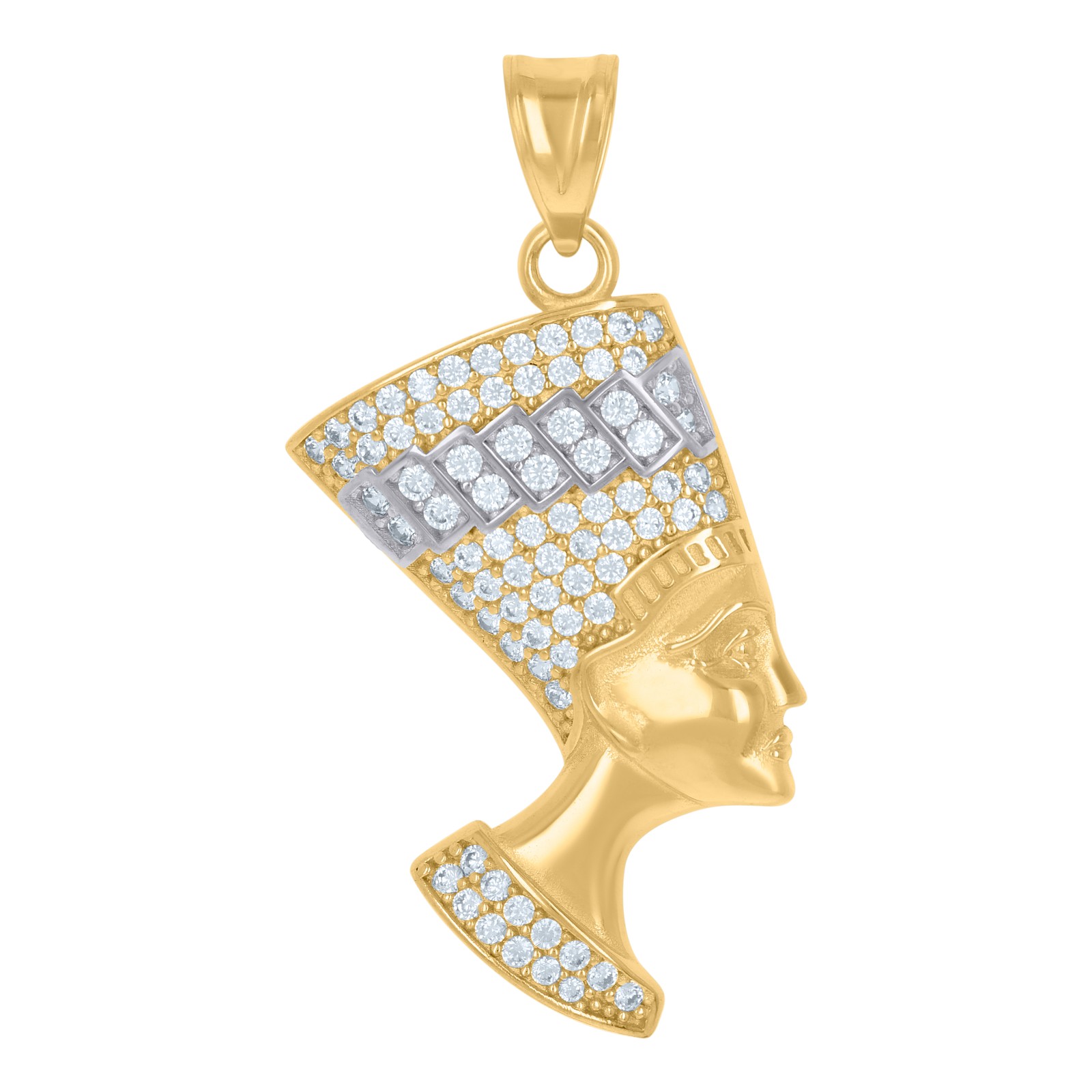 14K Yellow Gold Round Cut CZ Men’s 1.55″ Egyptian Queen Charm Nefertiti Pendant