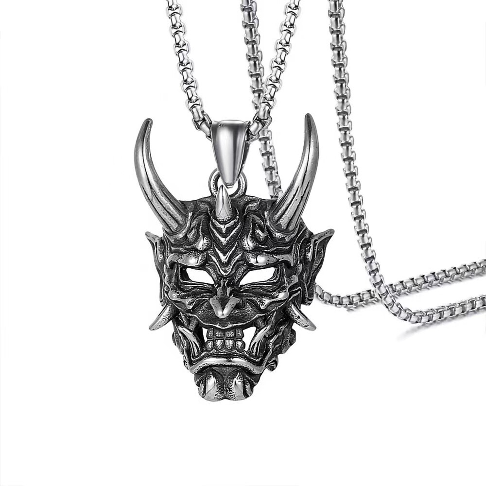 Mens Punk Silver Gold Japanese Hannya Oni Mask Pendant Necklace Box Chain 24″