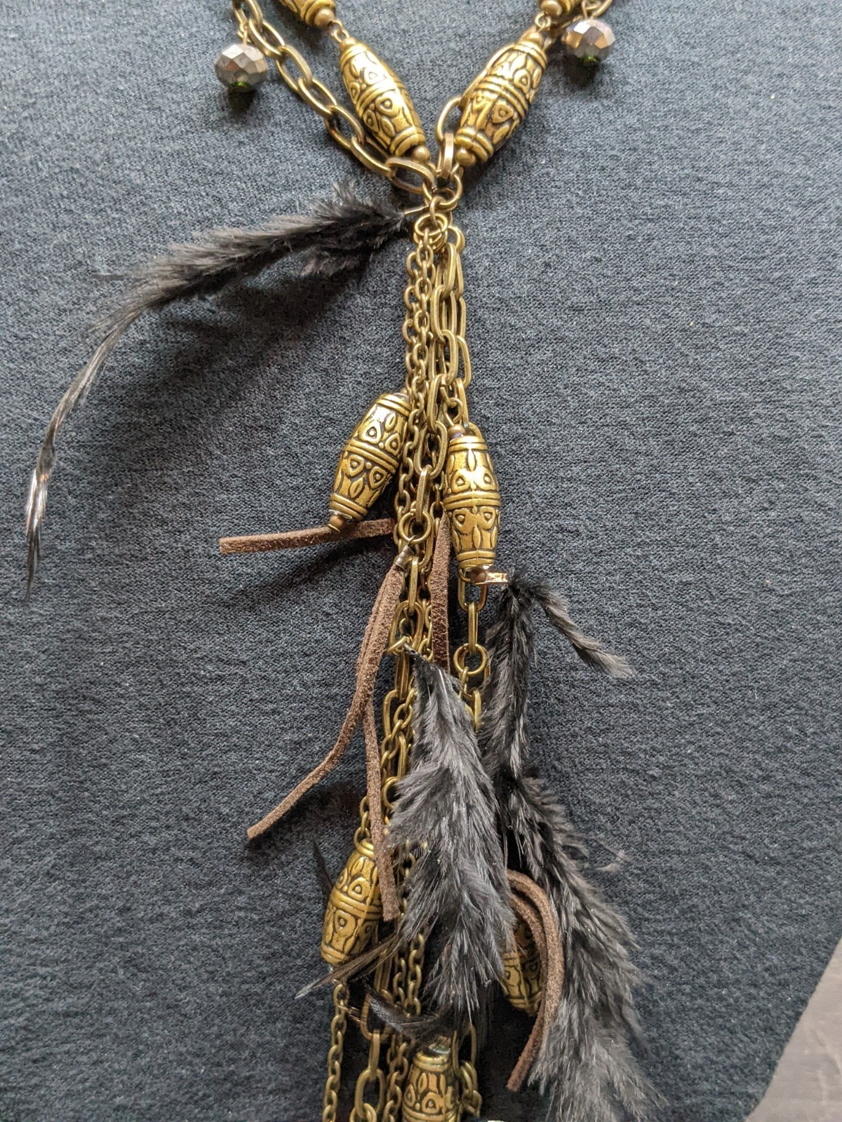 Boho Tribal Feather Barrel Necklace Brass Tone Tassel Statement Festival