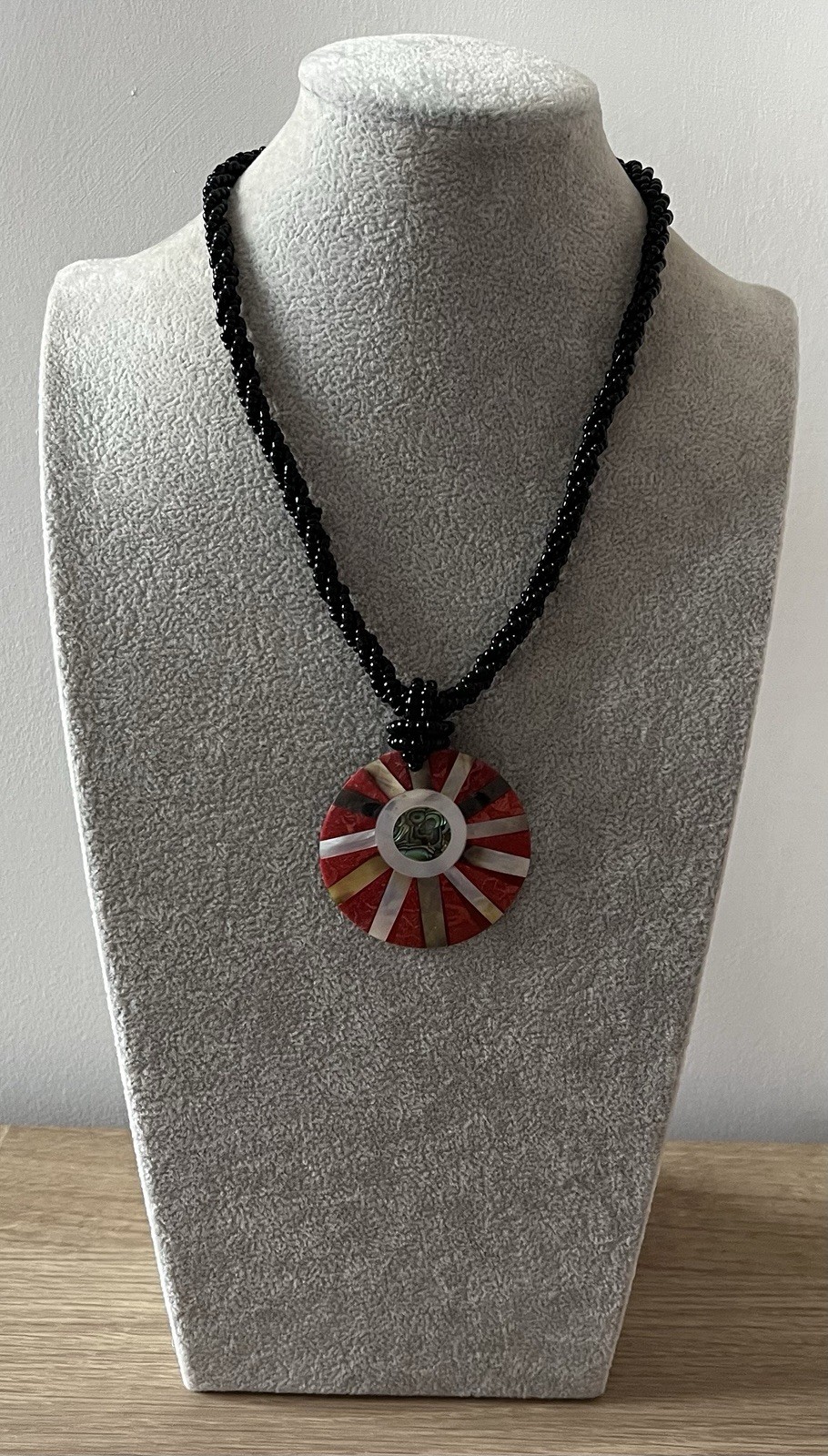 Mosaic Style Shell Pendant On Black Microbead Necklace, Very Good Condition