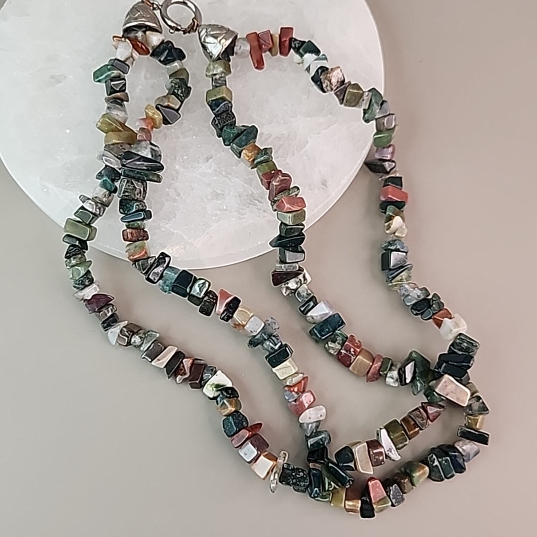 Stone Beaded Necklace Polished Chip Two Layered Jasper Variety 18.5″