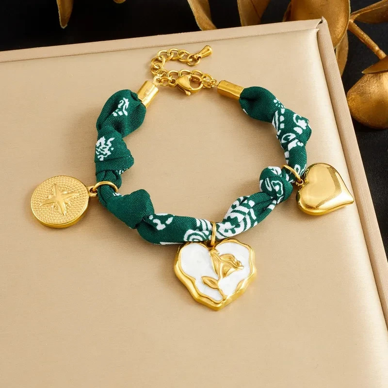 Charm Anklet Bracelet Twisted Braided Green Scarf Bandana Gold Plated Charms