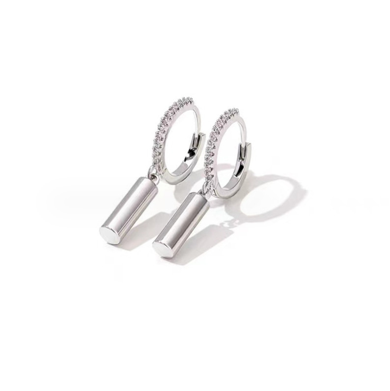 925 Sterling Silver Dangle Column Bar Round CZ Huggie Small Hoop Earrings PE3