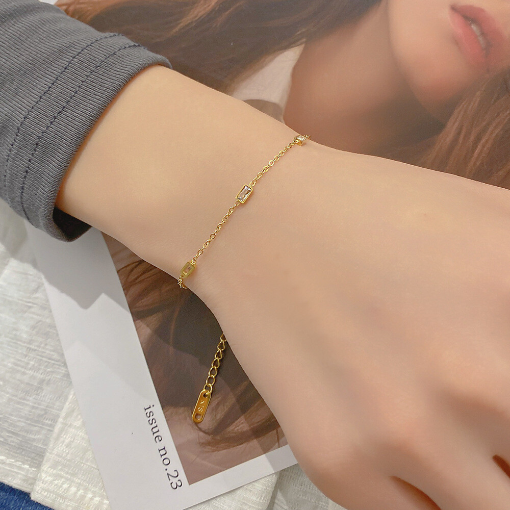 Woman 18K Gold Plated Stainless Steel CZ Square Charm Thin Bracelet Bangle