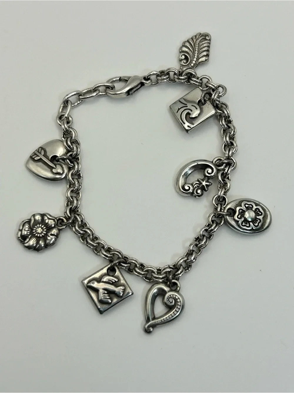 Silver-tone Heart & Charm Bracelet Classic 7.5″ Circle Link Chain Matte Finish