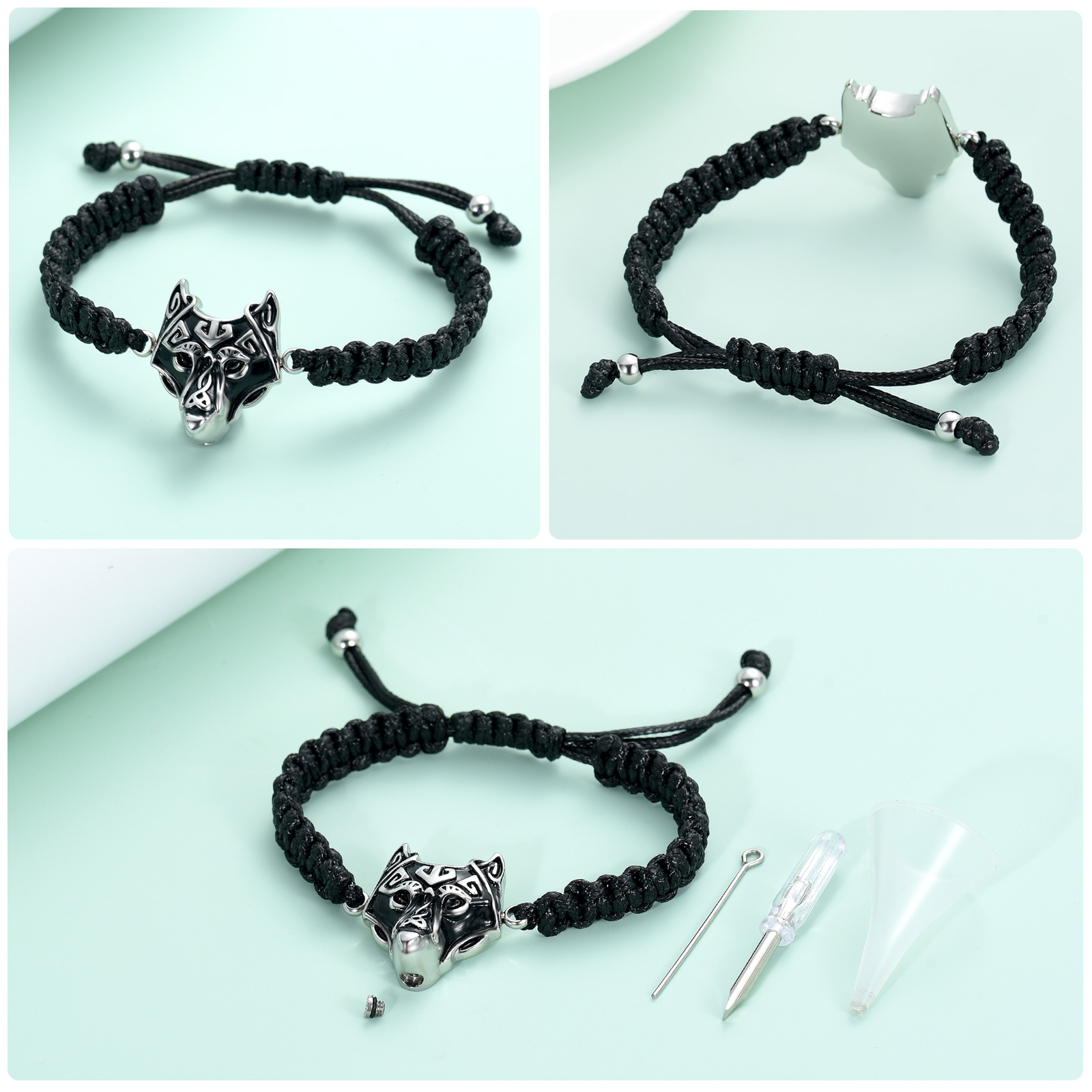 Adjustable Manmade Braided Ashes Wolf Head Urn Bracelet Cremation Memorial Gifts