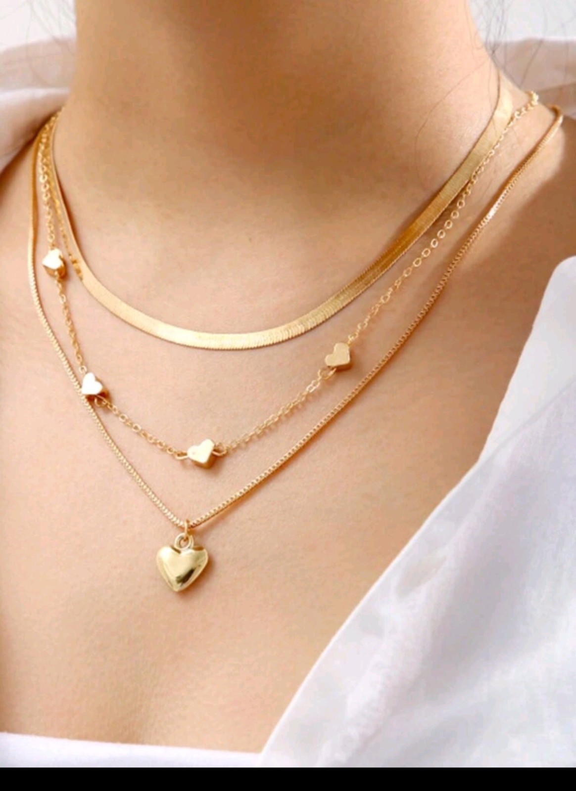 Women’s Gold Plated Heart Pendant Multi- Layered Necklace 3pc Detachable