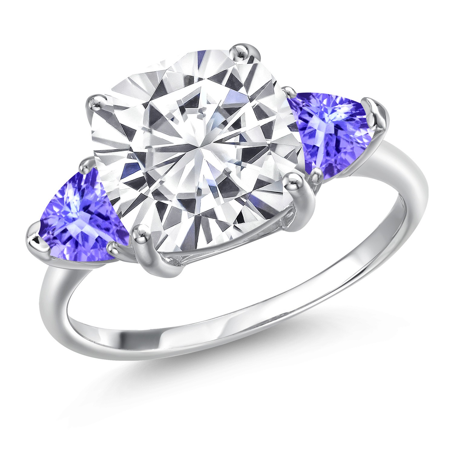 10K White Gold Blue Tanzanite Ring Set with Cushion Moissanite (5.80 Cttw)