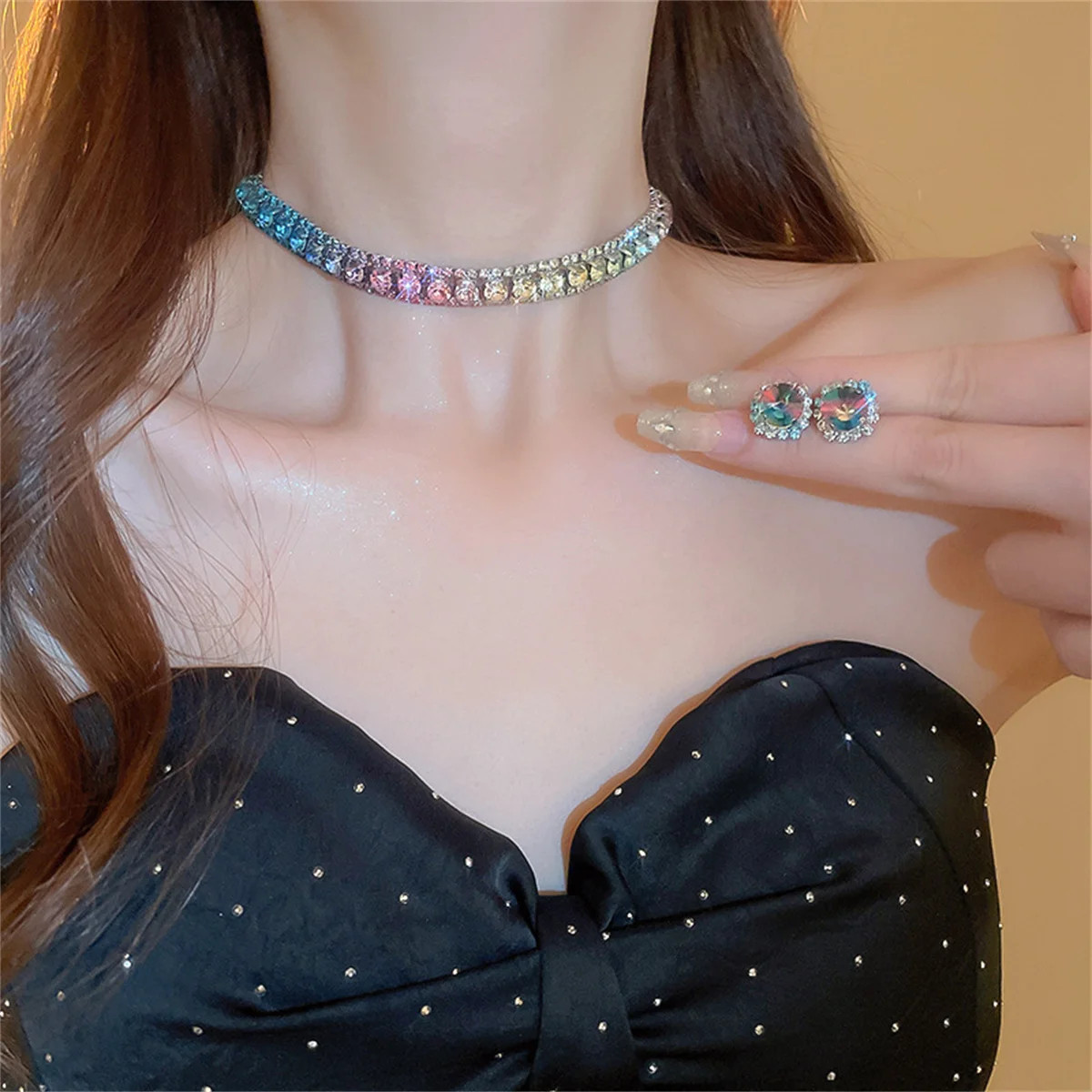 Luxury Crystal Necklace Earrings Set Pink Purple colourful Necklace
