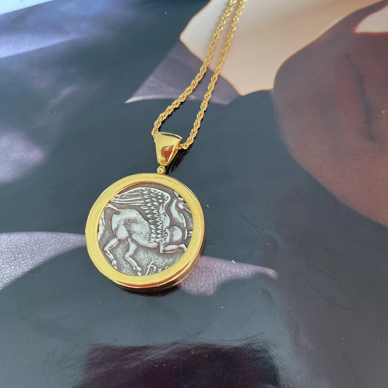 Retro Greek Mythology Carthaginian Goddess/Pegasus Coin Pendant Necklace