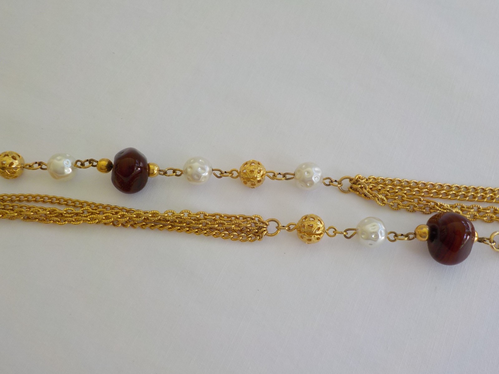 Long Strand Necklace Bead Stone Plastic Faux Pearl Gold Tone Metal Chain NoClasp
