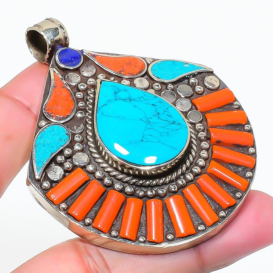 Turquoise Coral Lapis lazuli Pendant Tibetan Nepali Vintage Jewelry 2.6″ NP 2494